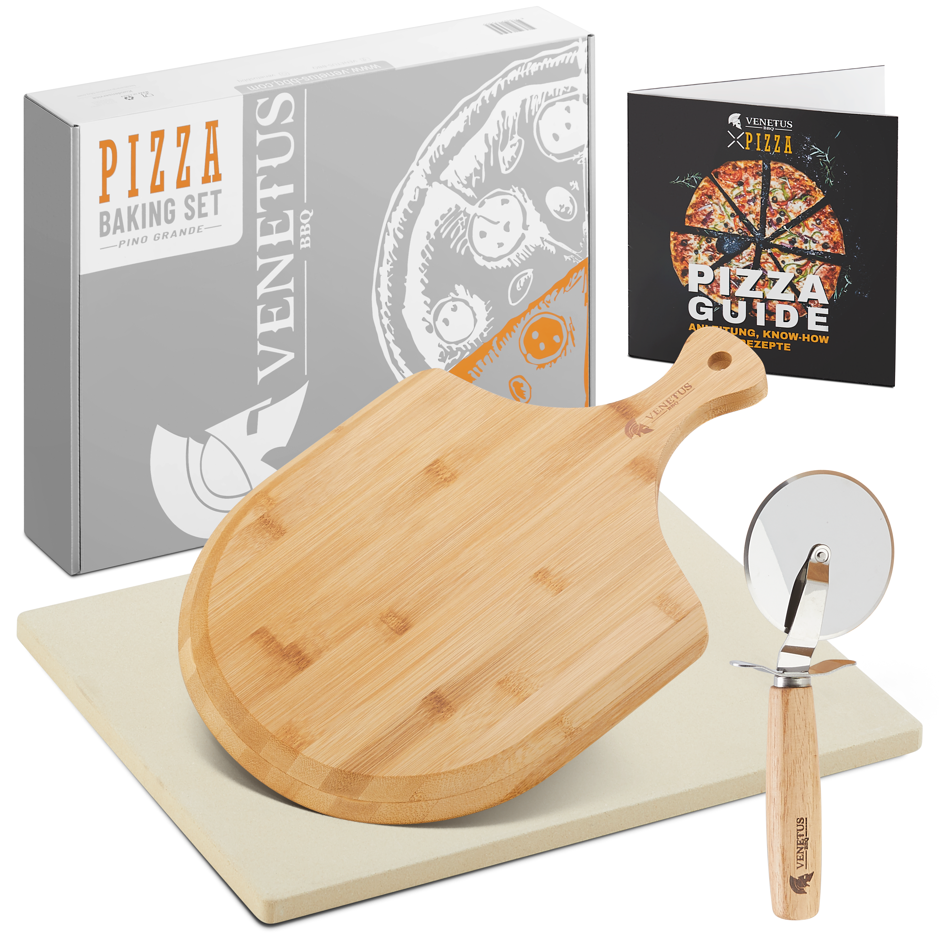 VENETUS-BBQ Pizzastein für Backofen und Gasgrill – inkl. Pizzaschieber, Pizzaschneider und Pizza Guide (4-er Set)